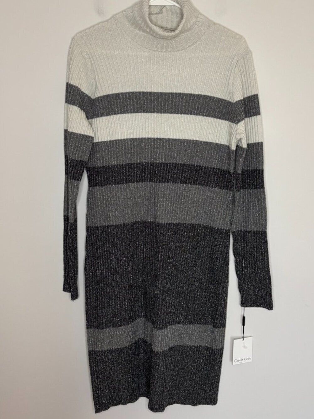 CALVIN KLEIN NEW Metallic Striped Turtleneck Sweater Dress Womens XL Black Gray